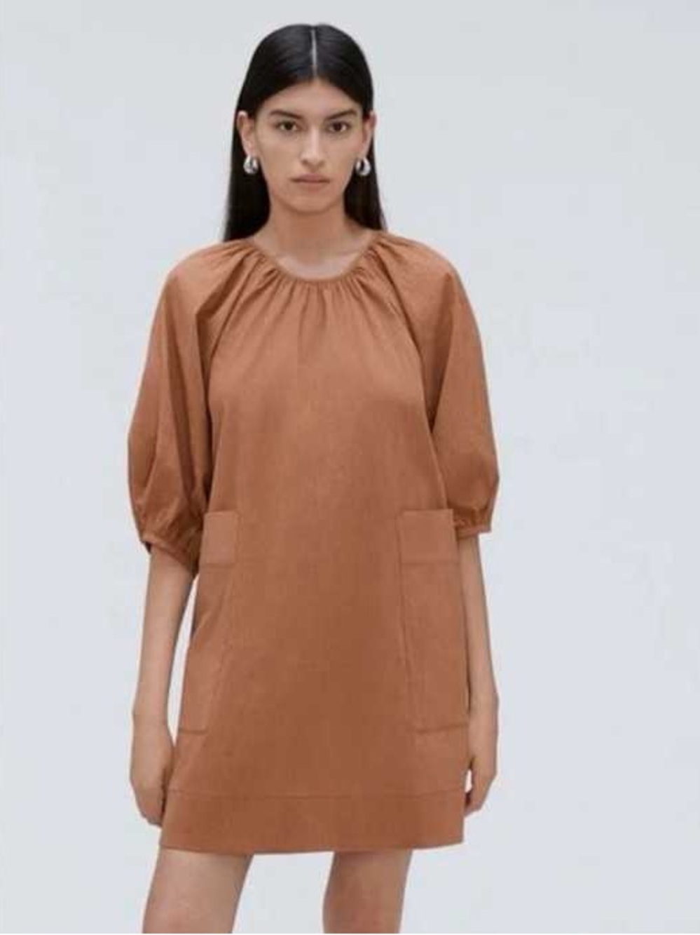 Everlane S Puff Sleeve Autumn Seersucker Earthy Neutral Preppy Boho Relaxed Eco